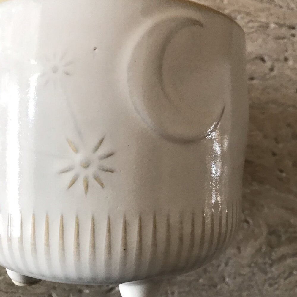 Celestial Planter Ceramic Pottery Moon Stars Boho Footed Cream White Tan Decor - Picture 9 of 16